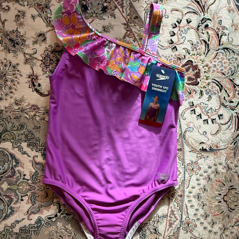 Speedo Kids' One Shoulder Purple Floral Swimsuit